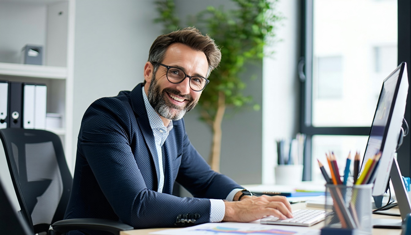 a depict of business financial advisor working on his desk smiling-1