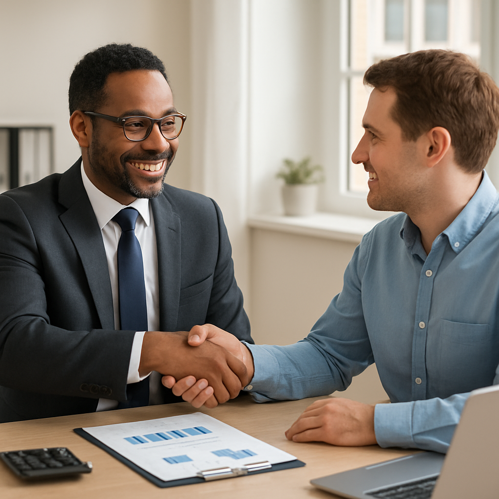a financial advisor and a client shaking hands-1