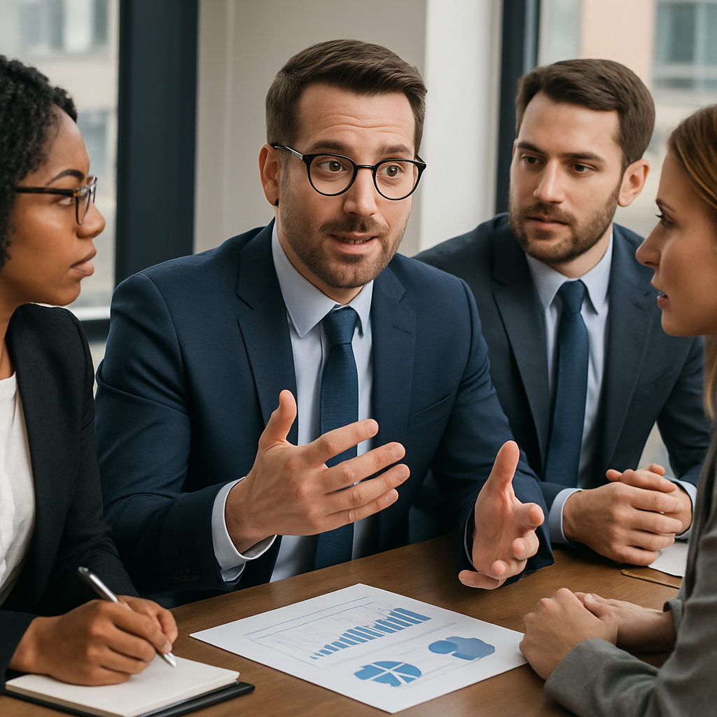 a financial advisor discussing on a team of advisors-1