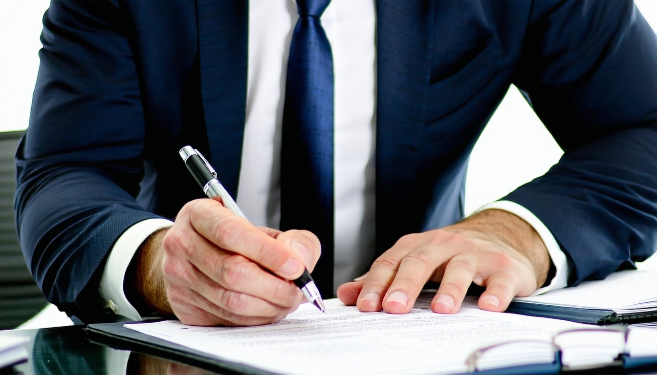 A middle aged businessman writing on a paper-3