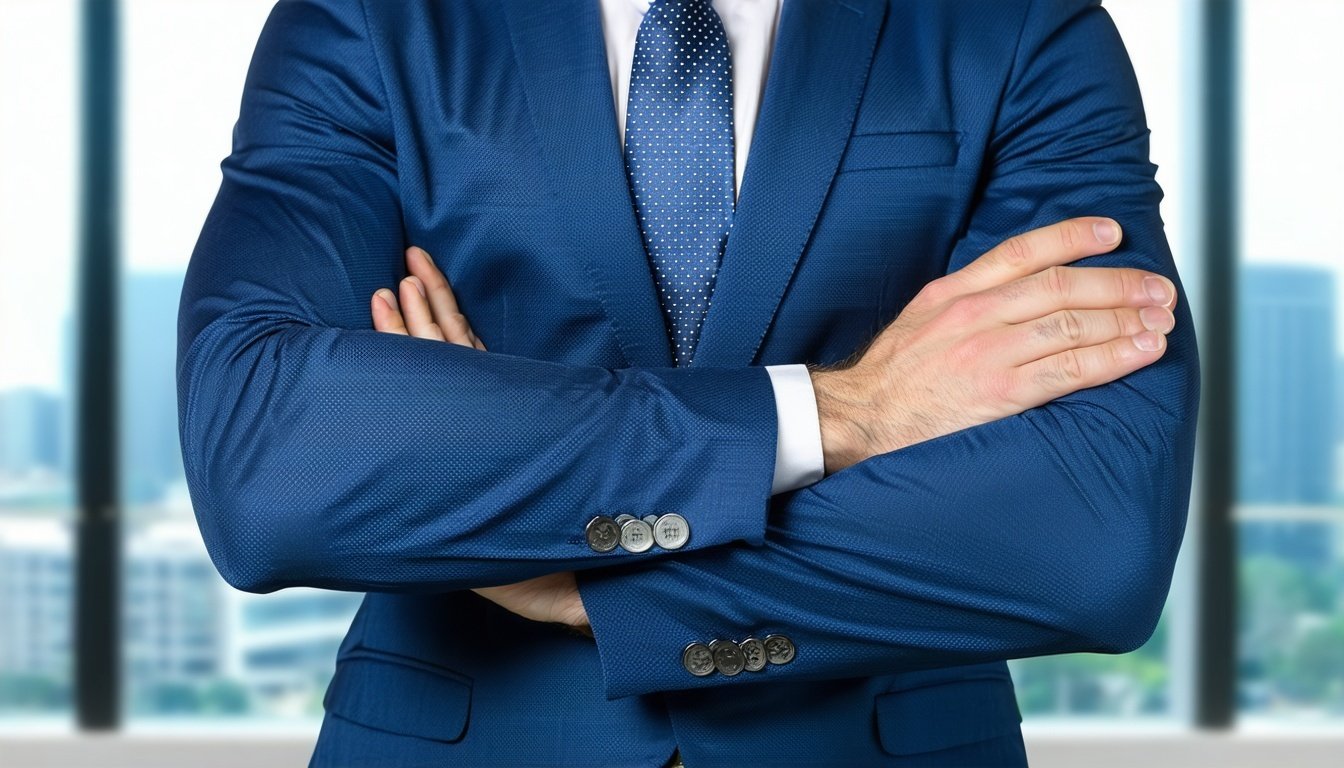 a business man photo hands crossed in a corporate background