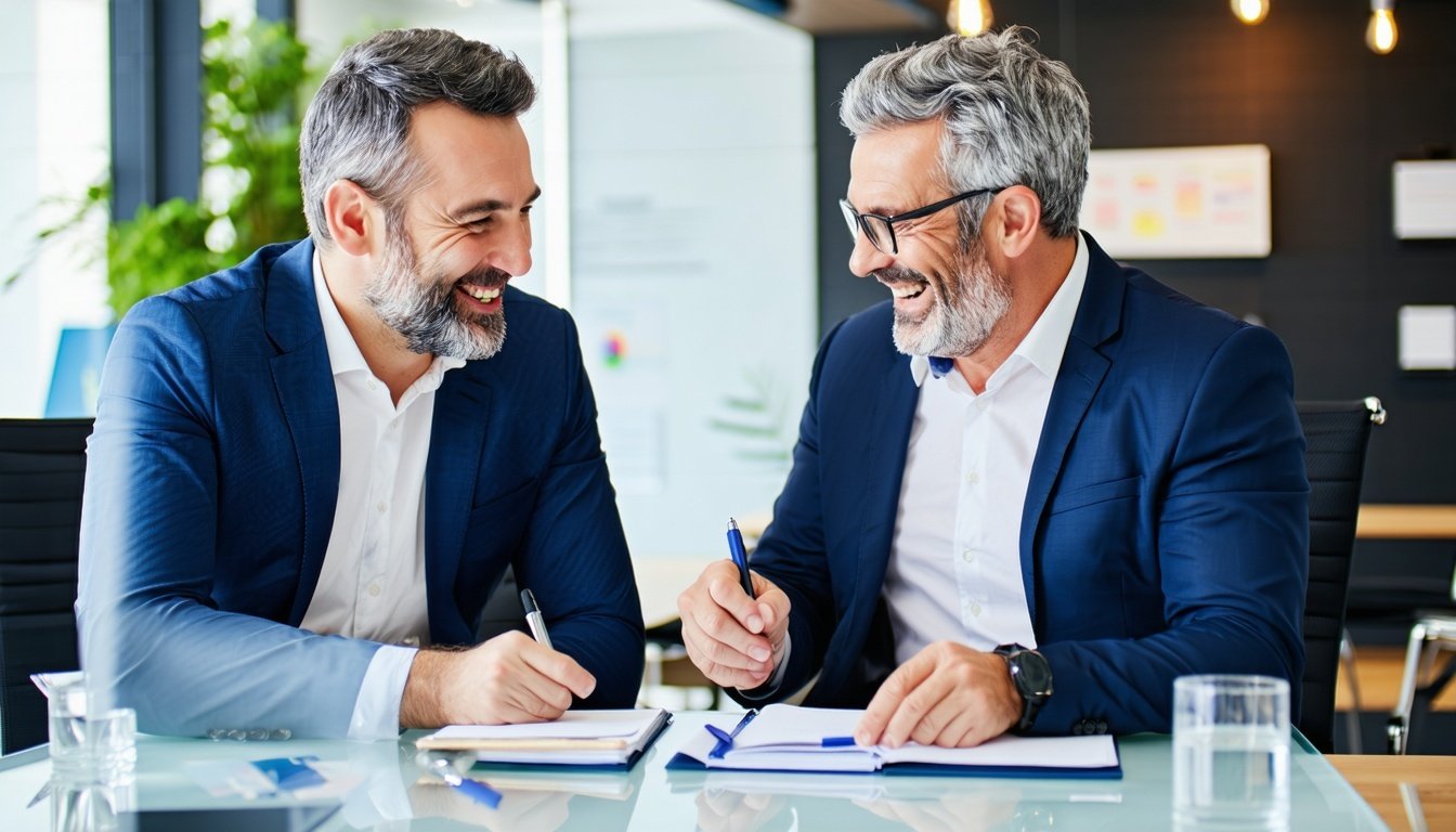 a photo of two middle aged business man having a deal smiling-1
