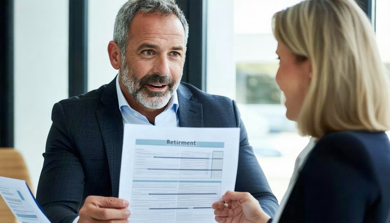 middle aged business man holding a paper talking to a retirement agent-1