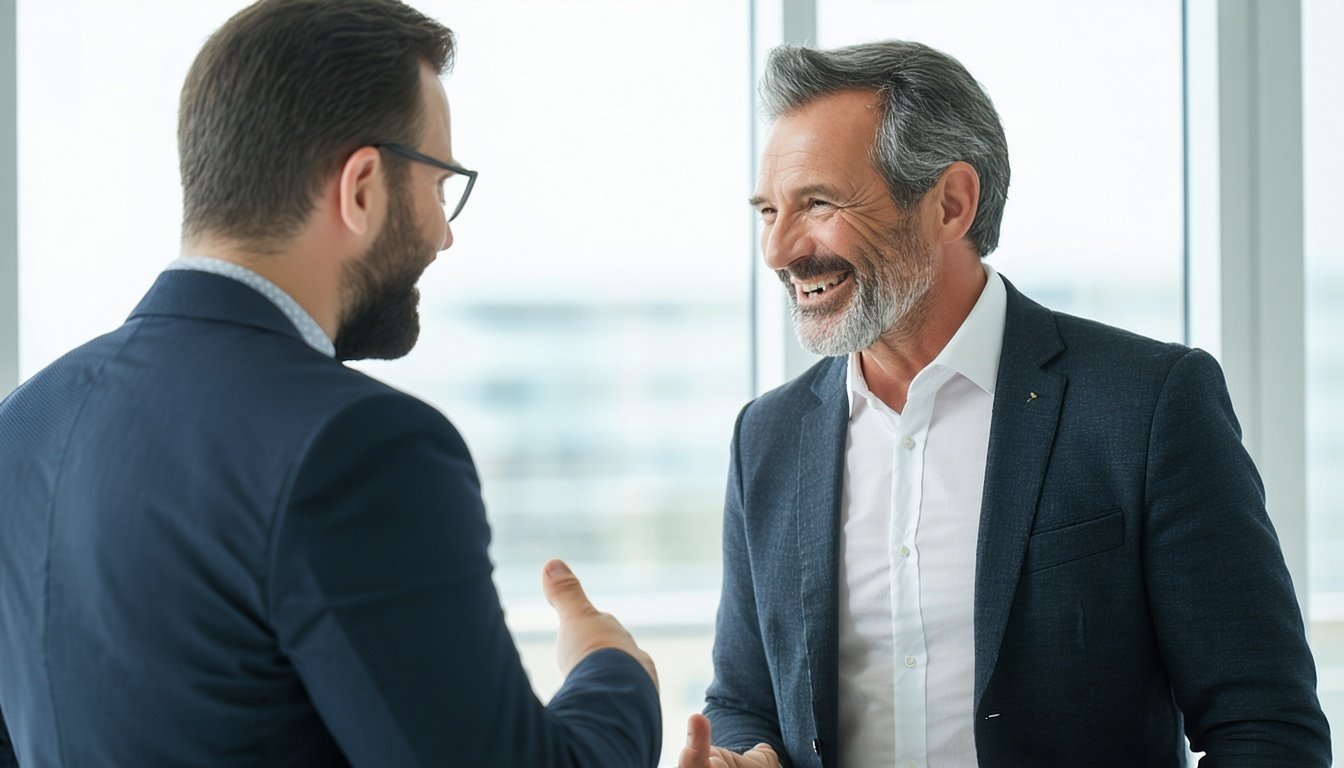 two middle aged businessman happily negotiating-1